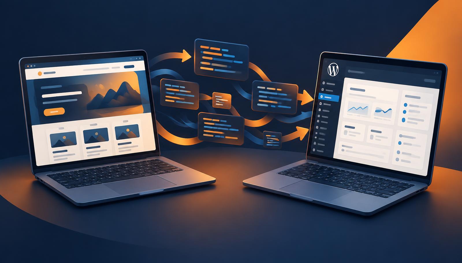 AI-built website on a laptop being converted into a WordPress dashboard with Convert2WP