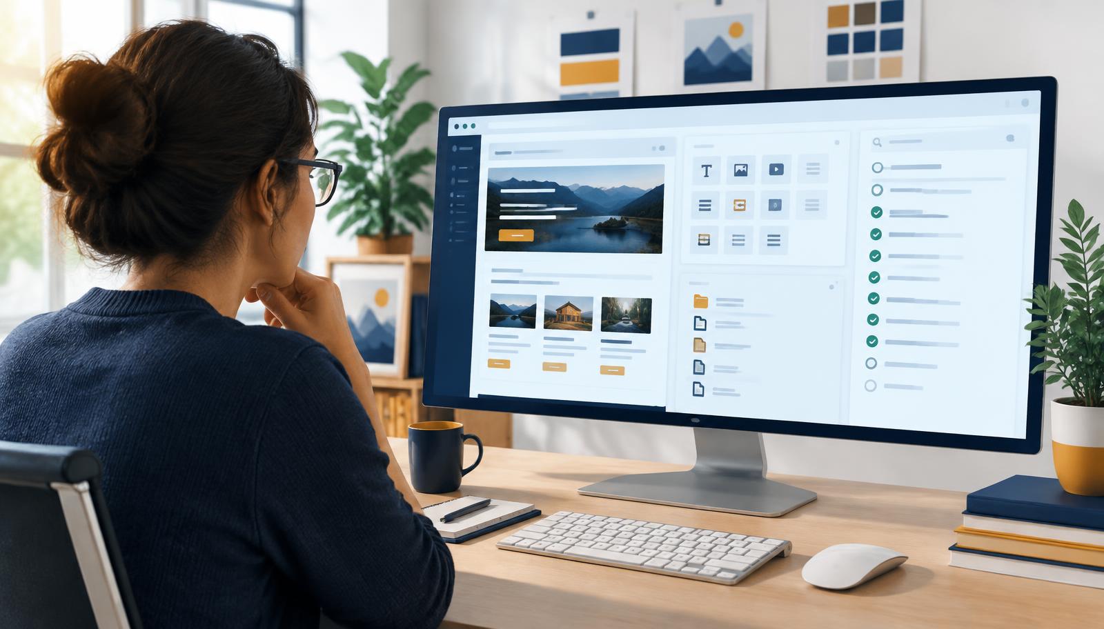Web designer reviewing a converted WordPress website with editable blocks and an SEO checklist